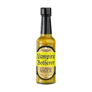 Vampire Bothere hot sauce sourced from The Garlic Farm Isle of Wight. Combines jalapeno, lime and garlic. 150ml glass bottle.