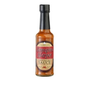 Vampire Slayer Hot Sauce - Intense and fiery Indian chilli and garlic with herbs, lime and caramlised onions. 150ml glass bottle